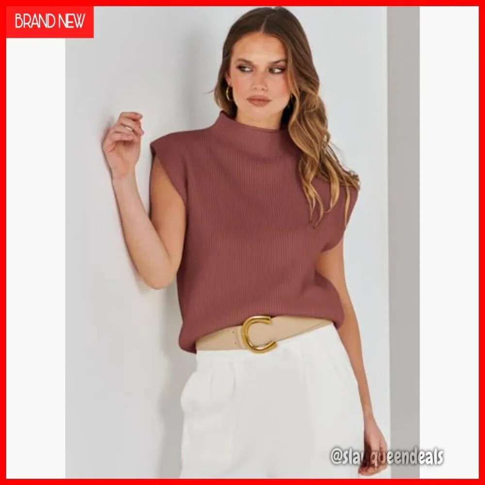 Mock Neck Sleeveless Sweater Vest Cap Sleeve Knit Pullover Tank Top